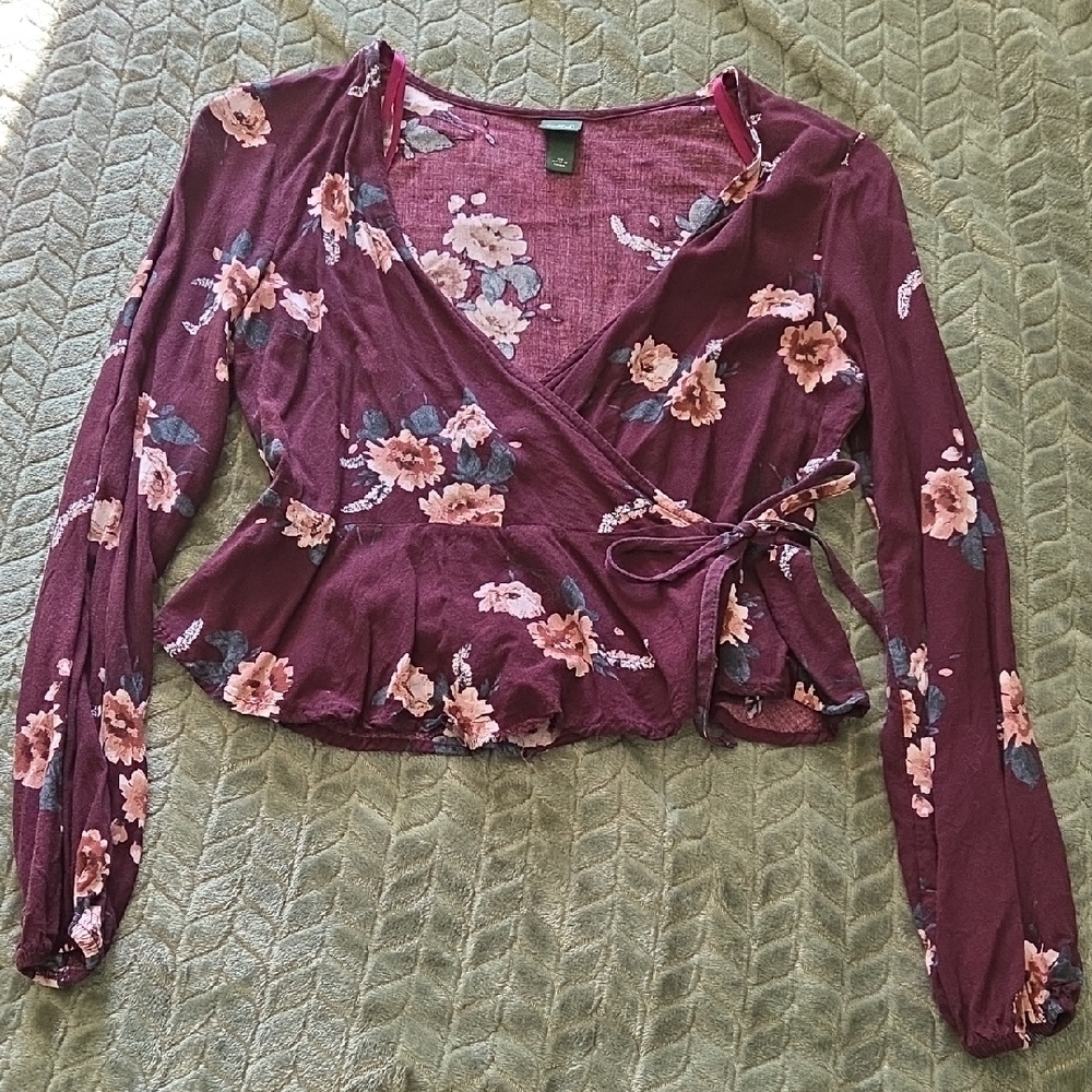 Wild Fable Floral Wrap Blouse - Burgundy and Pink